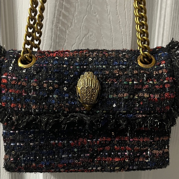 💥Kurt Geiger Tweed Handbag with Black, Red, Blue and Gold Sequins and Gold Chain